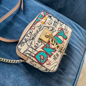 DKNY Cleo Graffiti Crossbody Bag White Chain Strap PVC Designer Purse